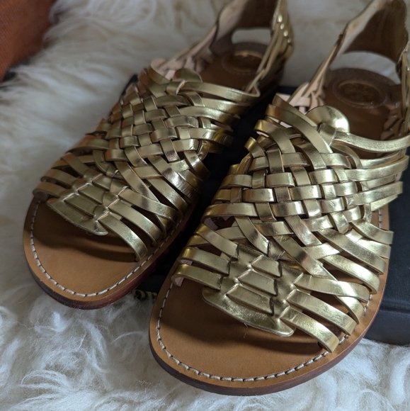 Tory Burch Golden Woven Huarache Sandals - Picture 3 of 9